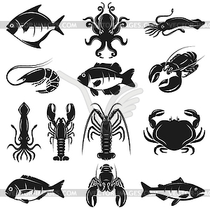 Set of seafood icons . Design element for logo, - vector clipart