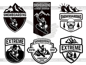 Set of snowboarding club emblems. Design element fo - vector image