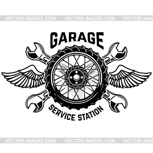 Service station emblem template. Car wheel with - vector image