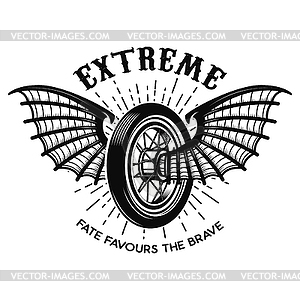 Extreme. Motorcycle wheel with bat wings. Design - vector clipart