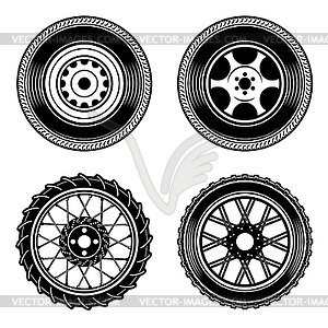 Set of car and motorcycle wheels icons. Design - vector clip art