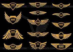 Set of wings icons in golden style. Design - color vector clipart