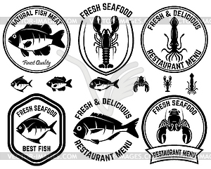 Set of seafood labels. Fish, squid, lobsters. Desig - vector image