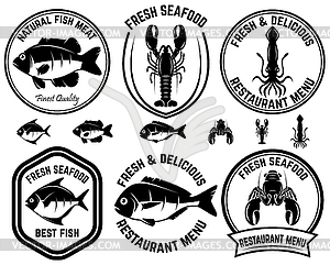 Набор наклеек из морепродуктов. Рыба, кальмары, омары. Desig - векторное изображение