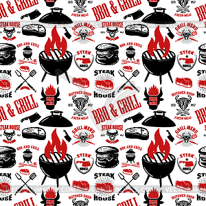 Seamless pattern with steak house symbols. Grill, - vector clipart