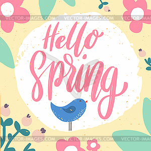 Hello spring. Lettering phrase on background with - vector image