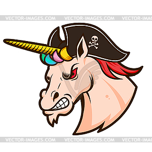 Angry unicorn head in pirate hat. Design element fo - vector image