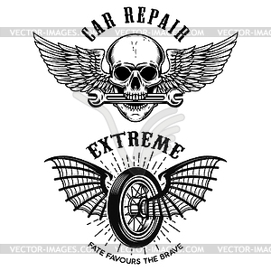 Car repair emblems. Wheel with wings. Skull with - vector image