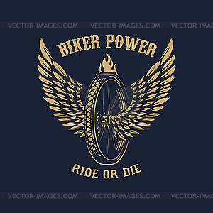 Biker power. Winged wheel on dark background. Desig - vector clip art