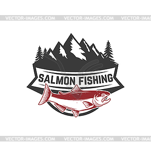 Salmon fishing. Salmon on background with mountains - vector clipart