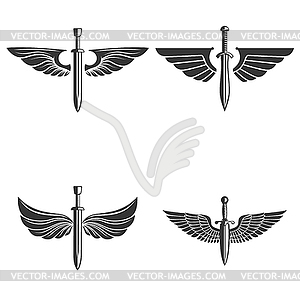 Set of emblems with medieval sword and wings. Desig - vector clipart