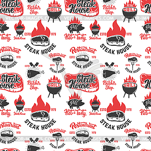 Seamless pattern with steak house symbols. Grill, - vector clipart