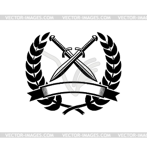 Emblem template with crossed swords. Design - vector clipart