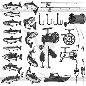 Set of fishing icons. Fish icons, fishing rods. - vector image