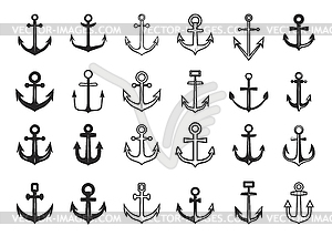 Big set of anchor icons. Design element for logo, - white & black vector clipart