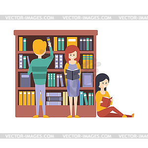 Library Or Bookstore With People Choosing And - vector clipart