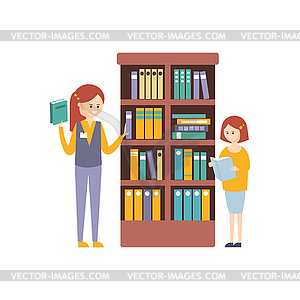 Library Or Bookstore With With Two Girls Choosing - stock vector clipart