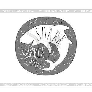 Curled Shark In Round Frame Summer Surf Club Black - vector clip art