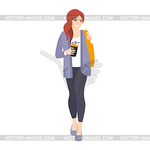 Girl In Leggings And Jacket With Coffee Paper Cup - vector EPS clipart