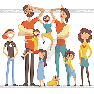 Happy Caucasian Family With Many Children Portrait - vector EPS clipart