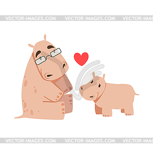 Hippo Dad With Glasses Animal Parent And Its Baby - vector image