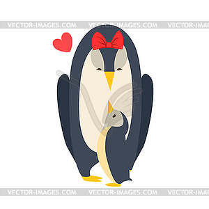 Penguin Mom With Red Bow Animal Parent And Its - vector clipart