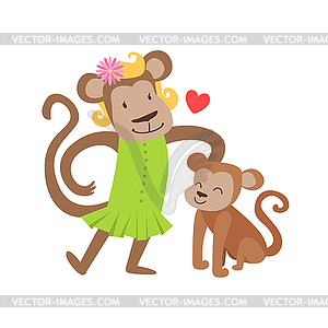 Monkey Mom In Dress Animal Parent And Its Baby - royalty-free vector image