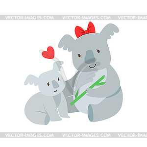 Koala Mom With Red Bow Animal Parent And Its Baby - vector clip art