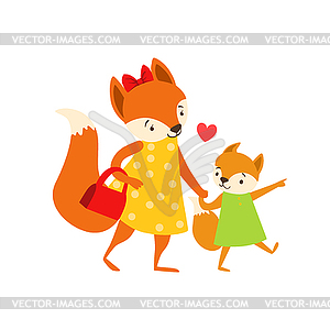 Fox мама в платье с материнским сумки животного происхождения и - клипарт в векторе