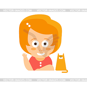 Little Red Head Girl In Red Dress Waving And Smilin - vector image