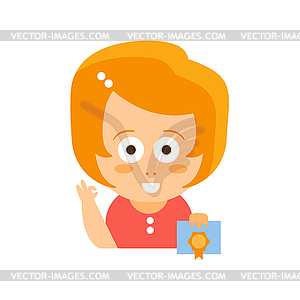 Little Red Head Girl In Red Dress With Diploma - vector image