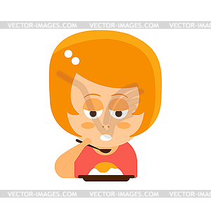 Little Red Head Girl In Red Dress Eating Flat - vector clip art