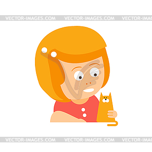 Little Red Head Girl In Red Dress Petting Cat Flat - vector clipart