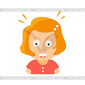 Little Red Head Girl In Red Dress Enraged Flat - vector clipart