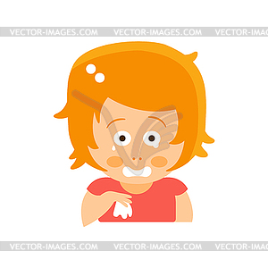 Little Red Head Girl In Red Dress Crying With - vector image