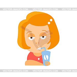 Little Red Head Girl In Red Dress Drinking Coffee - vector image