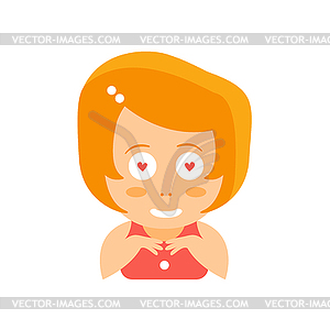 Little Red Head Girl In Red Dress Fan In Love Flat - vector image