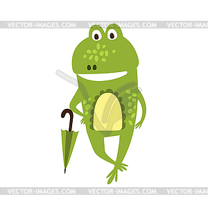 Frog With Umbrella Flat Cartoon Green Friendly - vector clipart