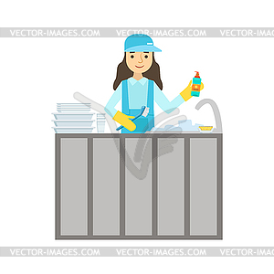 Girl Washing Dishes In Tap, Cleaning Service - vector clip art