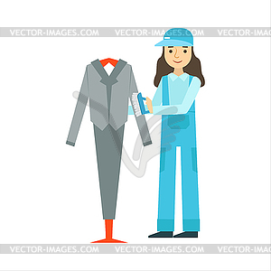 Woman Dusting Suit With Brush, Cleaning Service - vector clip art