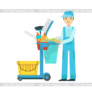 Man With Cart Filled With Special Equipment And - vector clipart