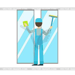 Man With Sponge And Squeegee Washing Windows, - vector image