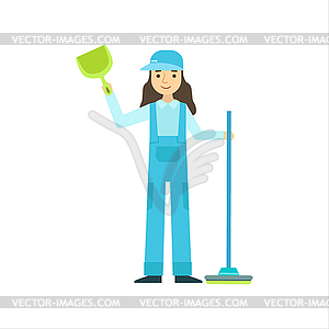 Woman Standing With Broom And Duster, Cleaning - vector clipart