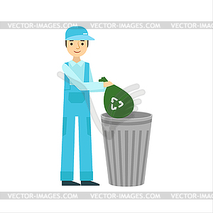 Man Throwing Garbage In Recycle Bin, Cleaning - vector image