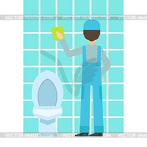 Man Washing Tiles In Bathroom, Cleaning Service - vector clip art