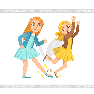 Girl Tripping Smaller Kid Teenage Bully - vector clipart