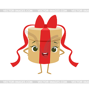 Round Gift Box With Red Bow Kids Birthday Party - vector clip art