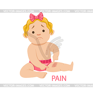 Little Baby Girl In Nappy Having Pain of Scratch, - vector clipart