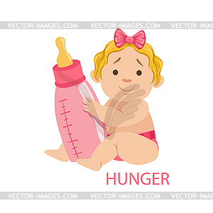 Little Baby Girl In Nappy Holding Bottle Being - vector image