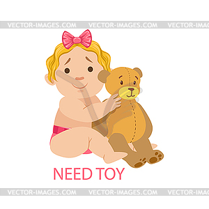 Little Baby Girl In Nappy With Teddy Bear Needing - vector clip art